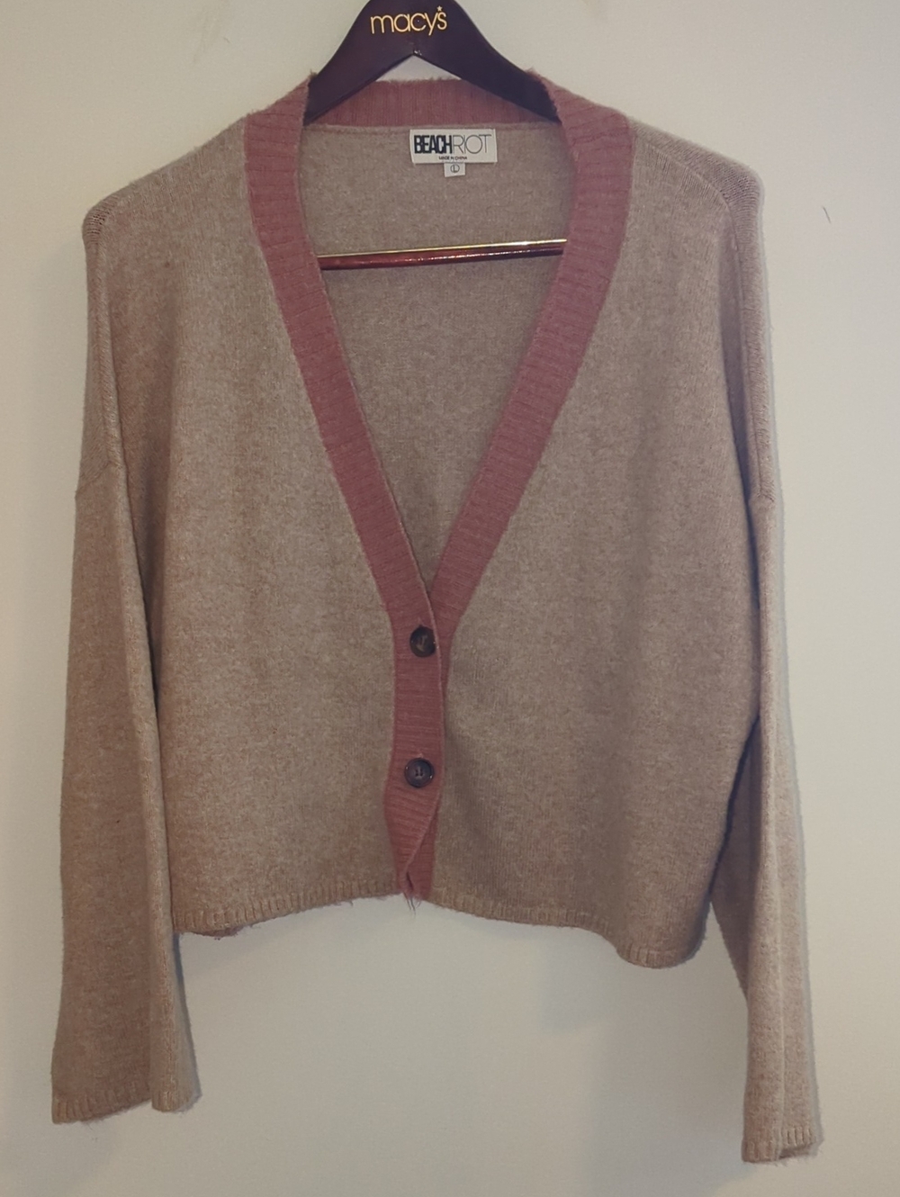 Beach Riot Taupe Cardigan with Dusty Rose Trim Oversized Slouchy Sleeves Sz L